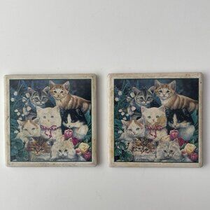 2 Ceramic Tile Kitten Coasters Cats Blue White Flowers